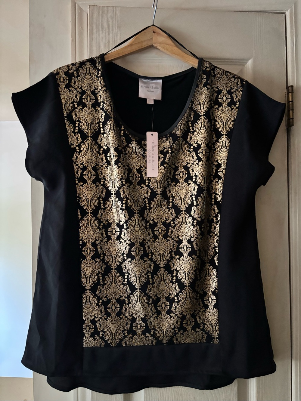 Black Top with Gold Metallic Damask Front -